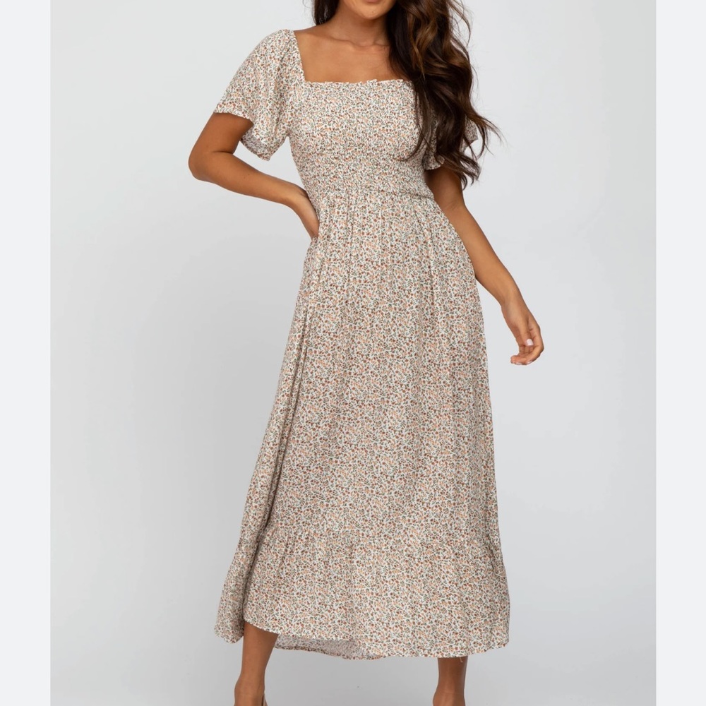 Ivory Floral Smocked Maxi Dress